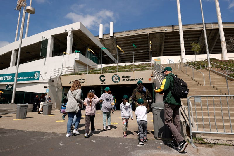 Fans enter the stadium for the Oakland Athletics game against the Houston Astros at RingCentral Coliseum on April 03, 2021 in Oakland, California.