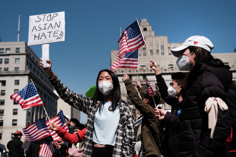 People participate in a protest to demand an end to anti-Asian violence on April 04, 2021 in New York City.