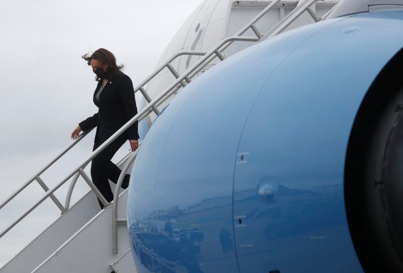 Vice President Kamala Harris walks off Air Force Two as she arrives at Oakland International Airport on April 5, 2021 in Oakland, California.