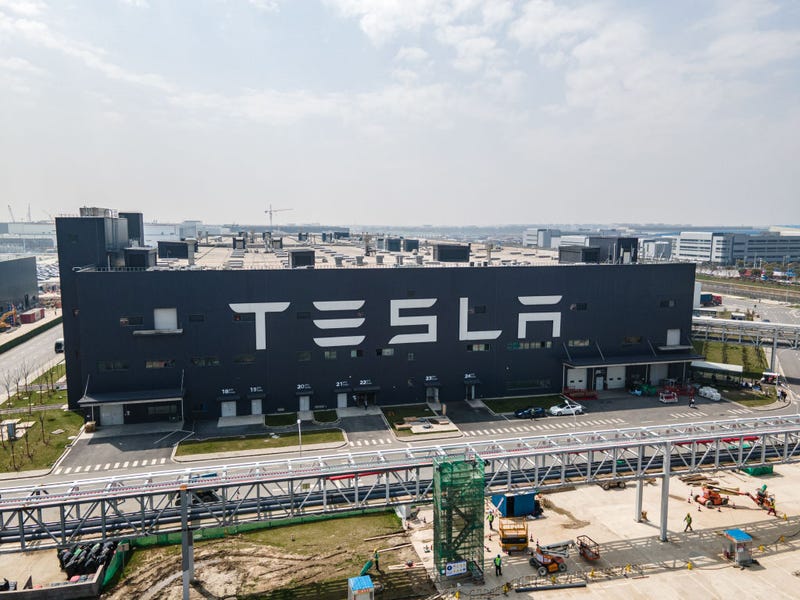 An aerial view of Tesla Shanghai Gigafactory on March 29, 2021 in Shanghai, China. 