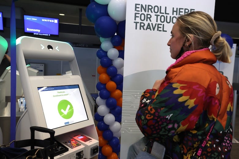 United Airlines passenger Porter Geer has her face scanned as she registers for SITA’s Smart Path on April 07, 2021 in San Francisco, California. San Francisco International Airport