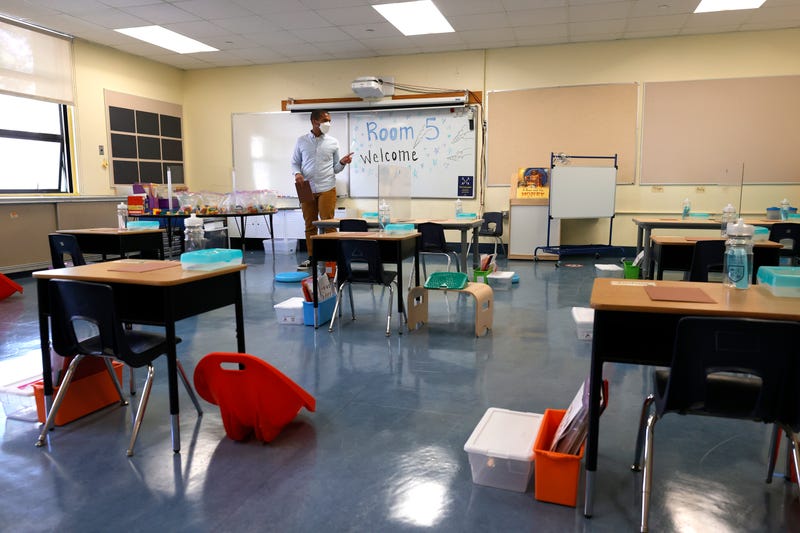 Kindergarten teacher preparing the return of students in the classroom