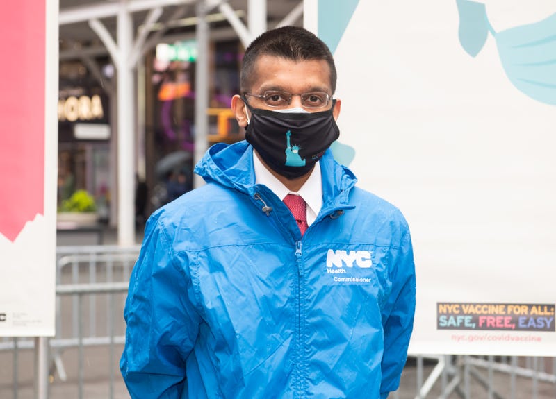 Commissioner of the New York City Department of Health and Mental Hygiene Dr. Dave A. Chokshi attends the opening of a vaccination center for Broadway workers in Times Square on April 12, 2021 in New York City. 