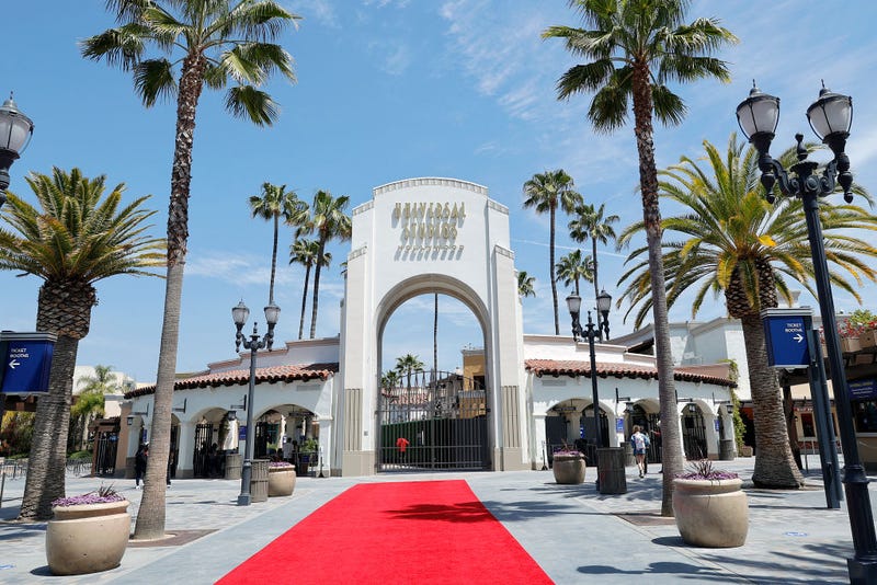 : The entrance to Universal Studios is seen during Universal Studios Hollywood grand reopening media day at Universal Studios Hollywood on April 15, 2021 in Universal City, California.