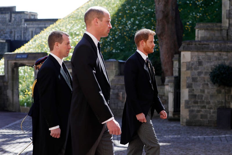 Peter Phillips, Prince William, Duke of Cambridge and Prince Harry, Duke of Sussex during the Ceremonial Procession during the funeral of Prince Philip, Duke of Edinburgh at Windsor Castle 