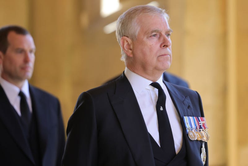 Prince Andrew, Duke of York during the funeral of Prince Philip, Duke of Edinburgh at Windsor Castle on April 17, 2021 in Windsor, England.