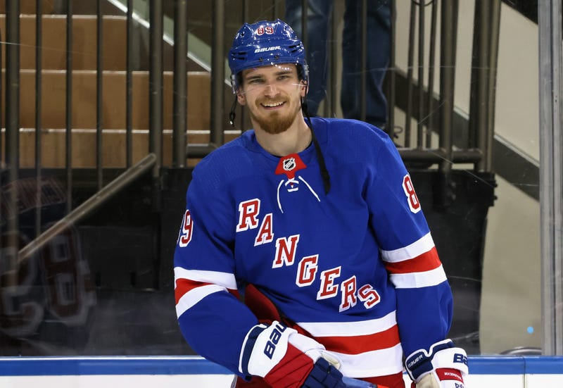 Pavel Buchnevich #89 of the New York Rangers skates in warm-ups prior to the game against the New Jersey Devils at Madison Square Garden on April 17, 2021 in New York City.