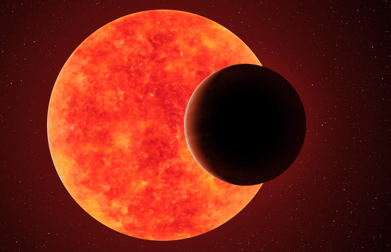 Exoplanet against red dwarf, elements of this image furnished by NASA.