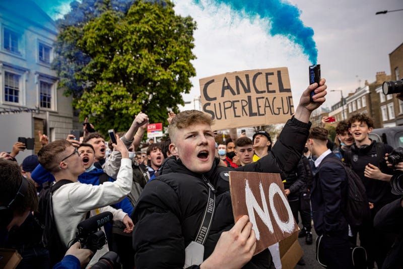 Fans of Chelsea Football Club protest against the European Super League outside Stamford Bridge on April 20, 2021 in London, England. 