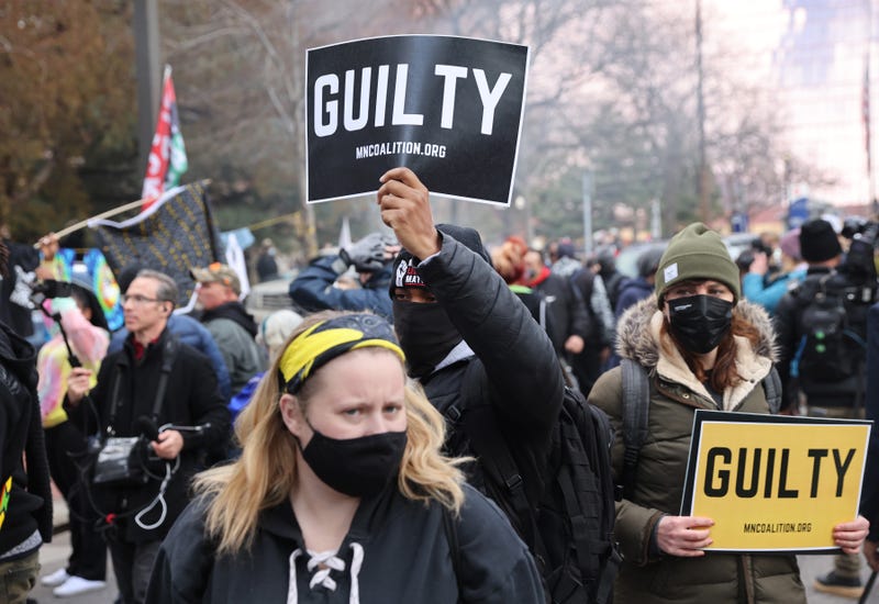 People react after the verdict was read in the Derek Chauvin trial on April 20, 2021 In Minneapolis, Minnesota. Former police officer Derek Chauvin was on trial on second-degree murder, third-degree murder and second-degree manslaughter charges in the death of George Floyd May 25, 2020. After video was released of then-officer Chauvin kneeling on Floyd’s neck for nine minutes and twenty-nine seconds, protests broke out across the U.S. and around the world. The jury found Chauvin guilty on all three charges.