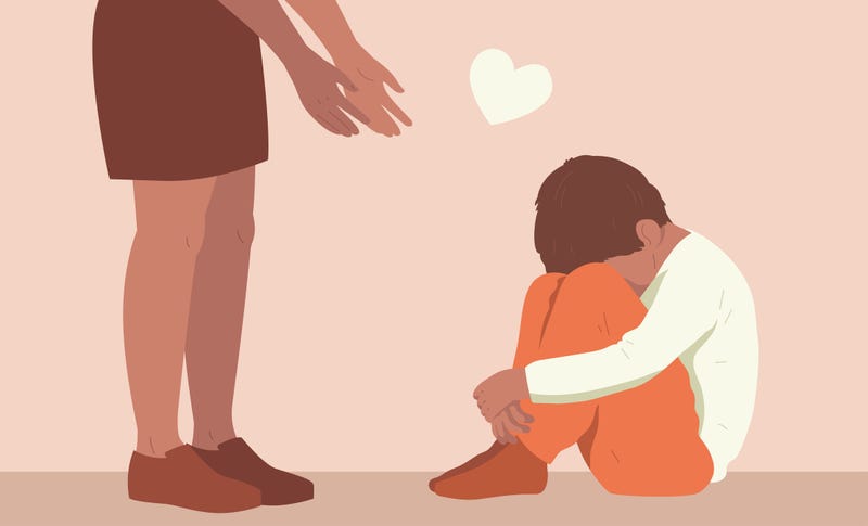 Artist rendering of a child sitting on the floor being helped by his mother. 