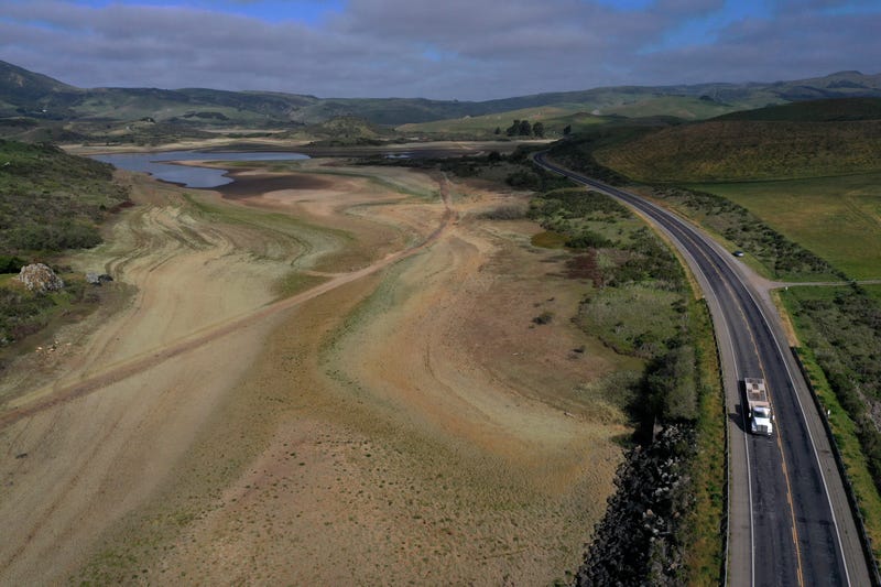 In an aerial view, low water levels are visible at Nicasio Reservoir on April 23, 2021 in Nicasio, California