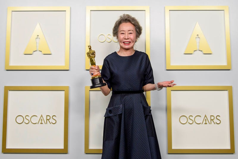 In this handout photo provided by A.M.P.A.S., Yuh-Jung Youn, winner of Best Actress in a Supporting Role for "Minari," poses in the press room during the 93rd Annual Academy Awards at Union Station on April 25, 2021 in Los Angeles, California. (Photo by Matt Petit/A.M.P.A.S. via Getty Images)