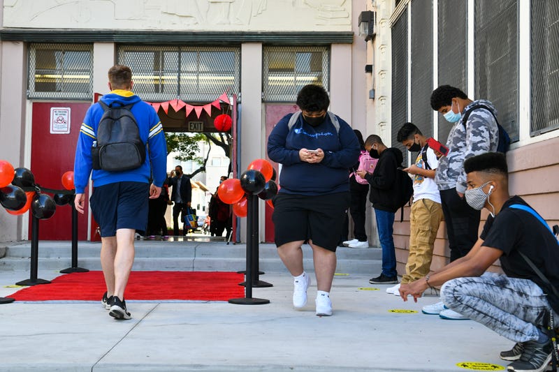 Students observe social distance protocols as they return to in-person learning at Hollywood High School on April 27, 2021 in Los Angeles, California.