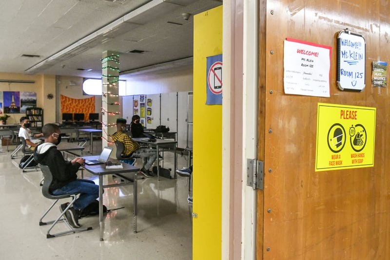 Students attend in-person instruction at Hollywood High School on April 27, 2021 in Los Angeles, California.