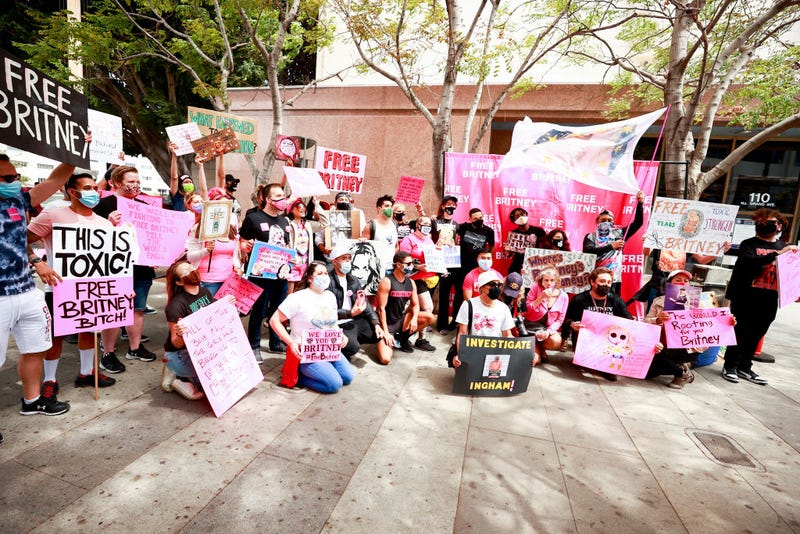#FreeBritney activists protest outside Courthouse in Los Angeles during Conservatorship Hearing on April 27, 2021 in Los Angeles, California.