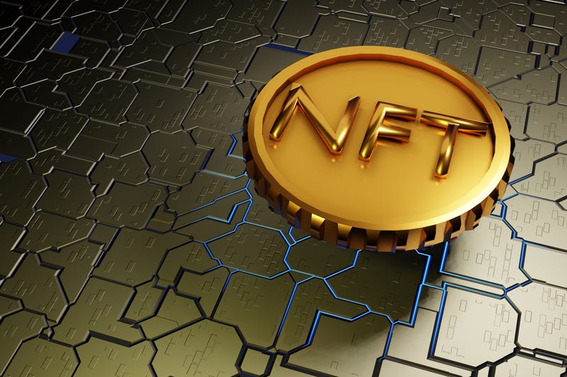 NFT non fungible token on a hard surface motherboard. Crypto currency, 3D rendering