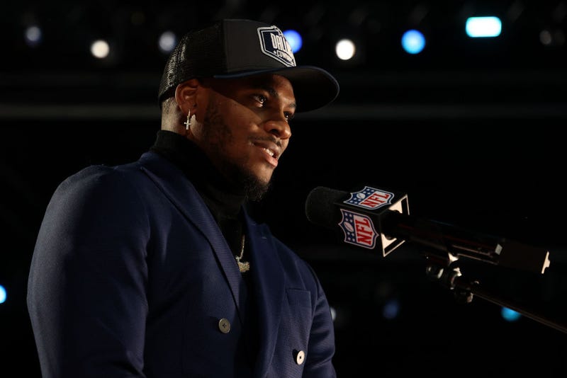 Micah Parsons speaks onstage after being selected 12th by the Dallas Cowboys during round one of the 2021 NFL Draft at the Great Lakes Science Center on April 29, 2021 in Cleveland, Ohio. 