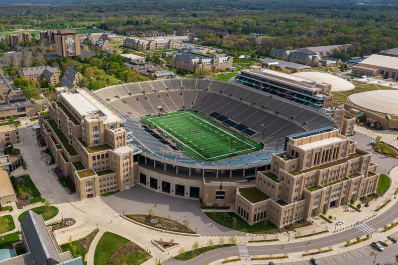 Aerial view of Notre Dame Stadium from a drone prior to the Blue-Gold Spring Game at Notre Dame Stadium on May 01, 2021 in South Bend, Indiana. 