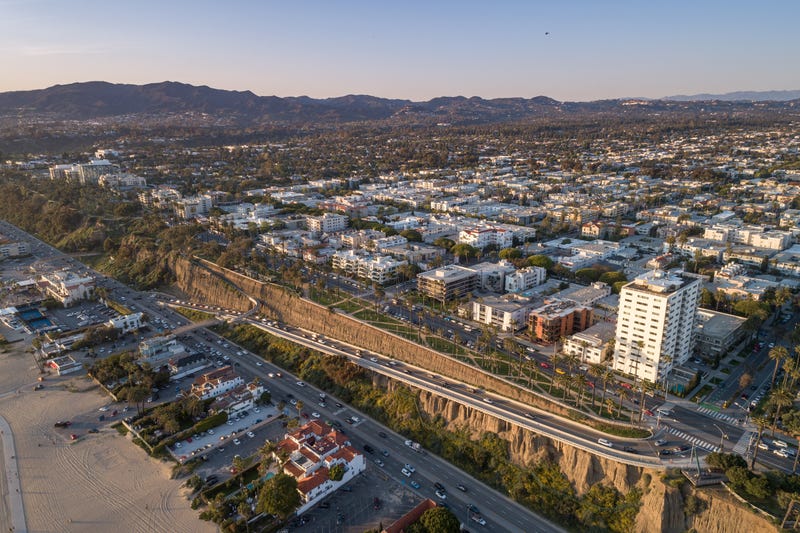 Sunset in Santa Monica, Los Angeles, California. Situated on Santa Monica Bay, it is bordered on three sides by the city of Los Angeles – Pacific Palisades, Brentwood, West Los Angeles, Mar Vista, Venice.
