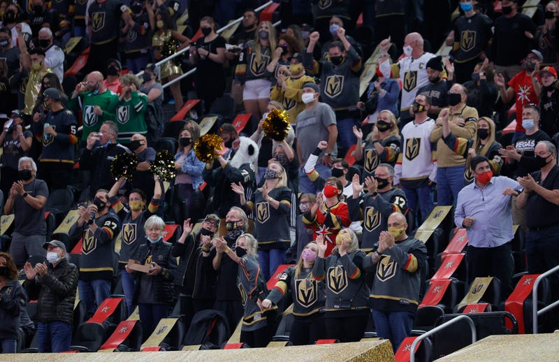 Fans celebrate a first-period goal by Reilly Smith #19 of the Vegas Golden Knights against the St. Louis Blues during their game at T-Mobile Arena on May 7, 2021 in Las Vegas, Nevada.