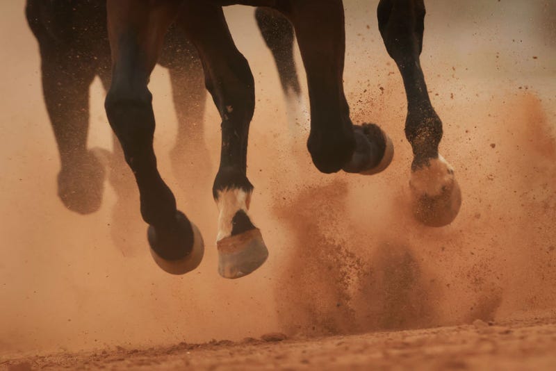 Horses legs kick up the sand during the Cobar Races at Cobar Miners' Race Club on May 08, 2021 in Cobar, Australia. The race meet is held annually attended by locals and tourists. Cobar Shire is situated in the centre of New South Wales and it's prosperity is built around the thriving mining - copper, lead, silver, zinc, gold - and pastoral industries. (Photo by Mark Evans/Getty Images)