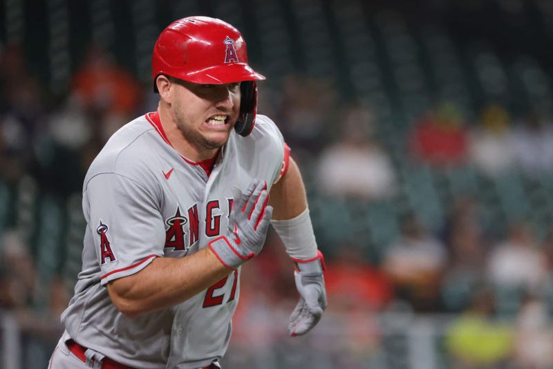 FILE - Mike Trout #27 of the Los Angeles Angels grounds out during the first inning against the Houston Astros at Minute Maid Park on May 10, 2021 in Houston, Texas. 