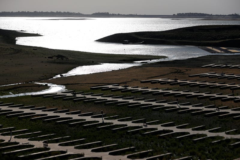 Boat docks at the Browns Ravine Cove sit on dry earth at Folsom Lake on May 10, 2021 in El Dorado Hills, California.