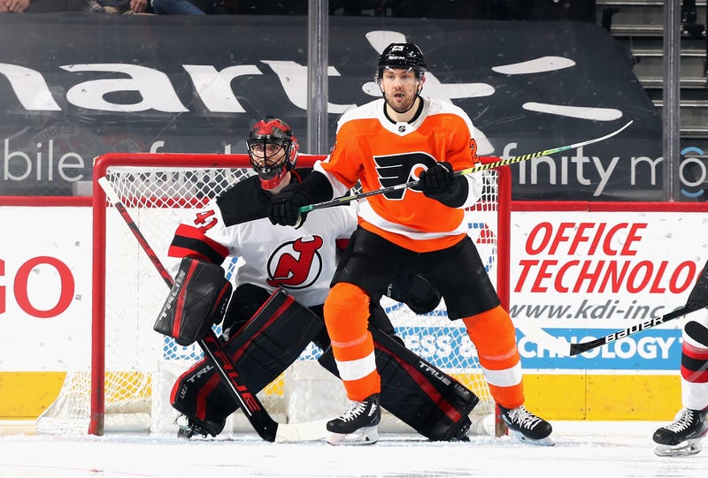 James van Riemsdyk of the Philadelphia Flyers skates against the New Jersey Devils at the Wells Fargo Center on May 10, 2021 in Philadelphia.