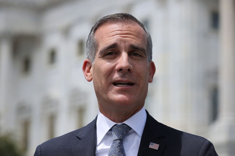 WASHINGTON, DC - MAY 12: Los Angeles Mayor Eric Garcetti speaks about the importance of infrastructure during a news conference with fellow mayors and members of Congress outside the U.S. Capitol on May 12, 2021 in Washington, DC. Speaker of the House Nancy Pelosi (D-CA) met with President Joe Biden and her Republican counterparts earlier in the day to discuss Biden's infrastructure plan. (Photo by Chip Somodevilla/Getty Images)