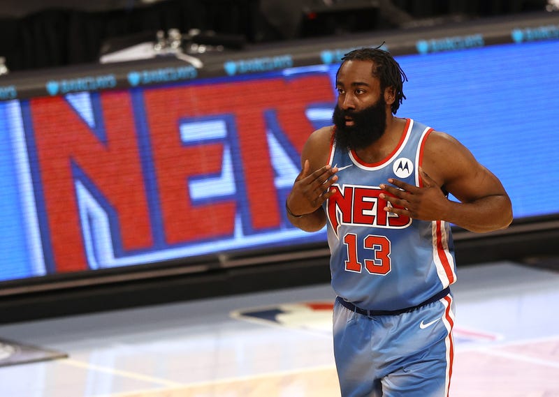 Nets star guard James Harden on the court.