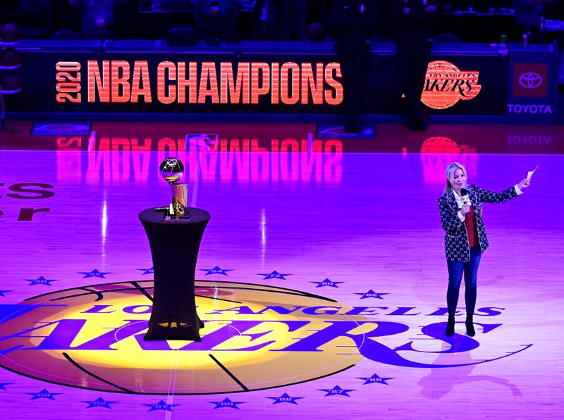 President of the Los Angeles Lakers Jeanie Buss speaks during a banner unveiling ceremony for the Los Angeles Lakers 2020 NBA Championship before the game against the Houston Rockets at Staples Center on May 12, 2021 in Los Angeles, California.