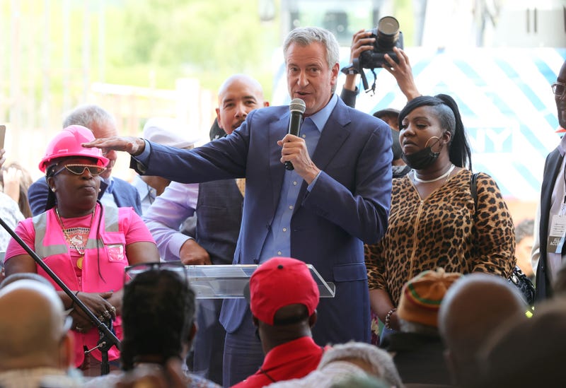 Then-Mayor Bill de Blasio speaks during The Universal Hip Hop Museum Groundbreaking Ceremony Held In Bronx Point on May 20, 2021 in New York City