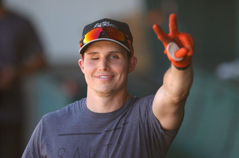 Drew Robinson #5 of the Sacramento River Cats waves from the dugout before a game against the Las Vegas Aviators at Sutter Health Park on May 27, 2021 in Sacramento, California.