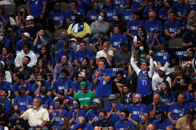 Fans in the third quarter in game three of the Western Conference first round series between the LA Clippers and the Dallas Mavericks at American Airlines Center on May 28, 2021 in Dallas, Texas