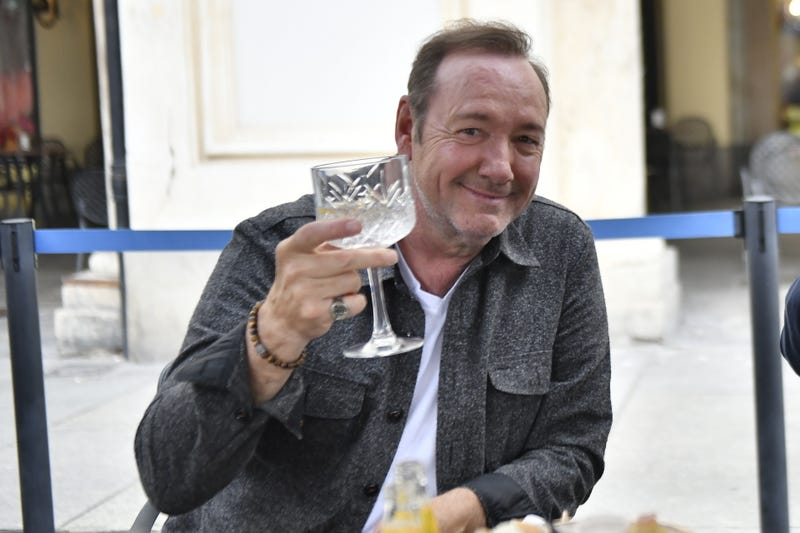 Kevin Spacey drinks outside a cafe on June 1, 2021 in Turin, Italy. Kevin Spacey is in Turin to shoot a film called "The Man Who Drew God" by Franco Nero.