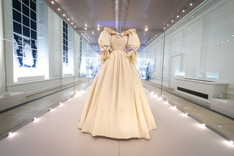 Diana, Princess of Wales’s wedding dress displayed complete with its spectacular sequin encrusted train during the "Royal Style In The Making" exhibition 