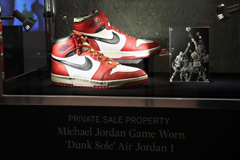 Michael Jordan game worn 'Dunk Sole' Air Jordan 1 sneakers are on display during a press preview of the upcoming Luxury Week at Sotheby's on June 04, 2021