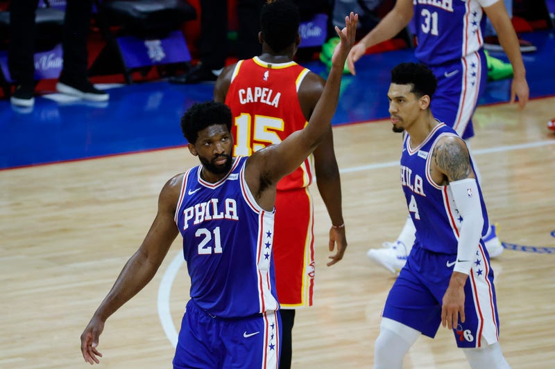 PHILADELPHIA, PENNSYLVANIA - JUNE 08: Joel Embiid #21 of the Philadelphia 76ers celebrates during the first quarter against the Atlanta Hawks during Game Two of the Eastern Conference second round series at Wells Fargo Center on June 08, 2021 in Philadelphia, Pennsylvania.