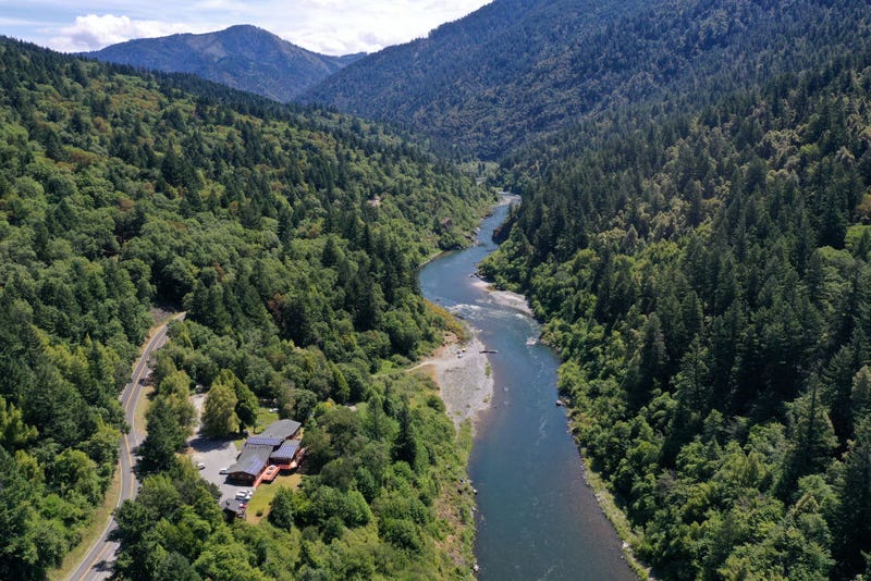 In an aerial view, the Klamath River flows by the Yurok Tribe tribal headquarters on June 09, 2021 in Weitchpec, California.