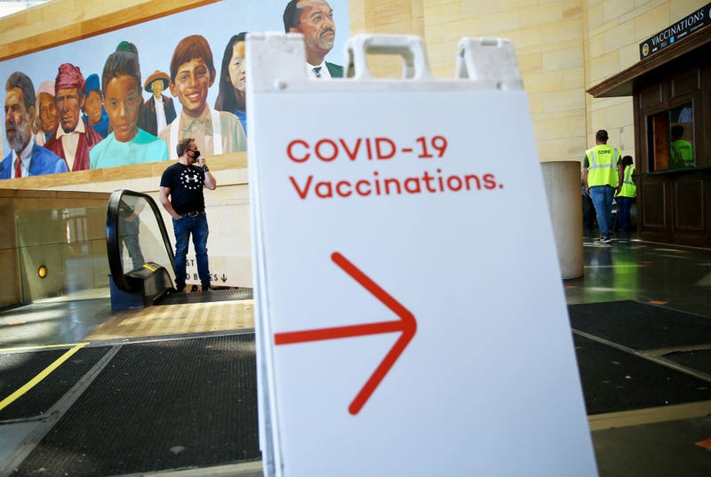 A sign points to a quiet vaccination site set up inside Union Station in an effort to target commuters on June 10, 2021, in Los Angeles.