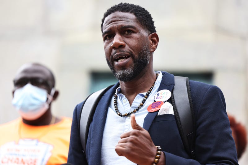 Public Advocate Jumaane Williams, who is running for re-election, speaks during a New York Working Families Party GOTV Rally for their endorsed candidates in Fort Greene Park on June 11, 2021 in the Fort Greene neighborhood of Brooklyn