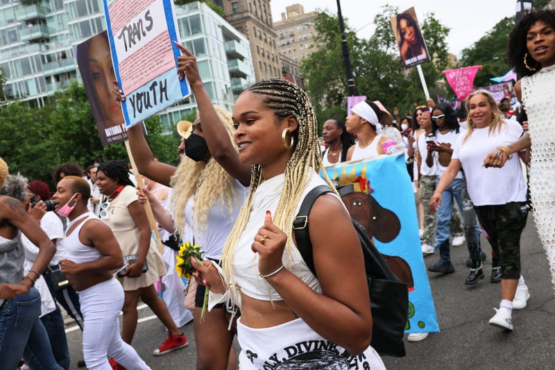 Raquel Willis, a transgender rights activist, joins others as they march during the Brooklyn Liberation's Protect Trans Youth event on June 13, 2021 in the Brooklyn borough in New York City