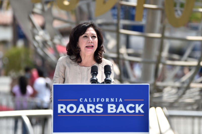 Los Angeles County Supervisor Hilda Solis attends California Governor Gavin Newsom's press conference for the official reopening of the state of California at Universal Studios Hollywood on June 15, 2021 in Universal City, California.  