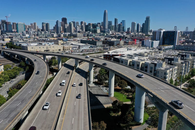 In an aerial view, cars drive along Interstate 280 on June 11, 2021 in San Francisco, California.