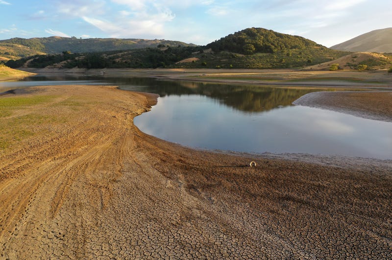 In an aerial view, dry cracked earth is visible at Nicasio Reservoir on June 16, 2021 in Nicasio, California. 