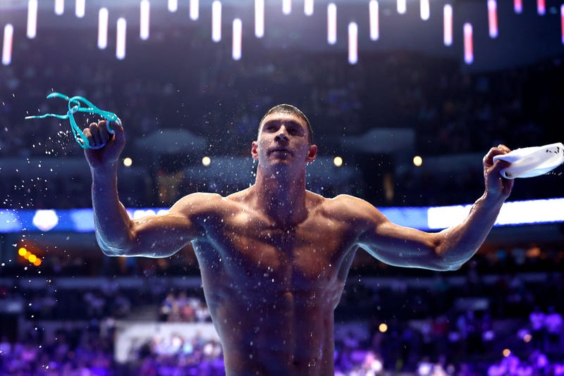 Ryan Murphy of the United States reacts after competing in the Men's 200m backstroke final during Day Six of the 2021 U.S. Olympic Team Swimming Trials at CHI Health Center on June 18, 2021 in Omaha, Nebraska.