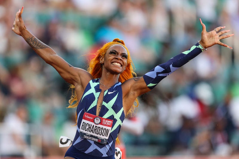 Sha'Carri Richardson celebrates winning the Women's 100 Meter final on day 2 of the 2020 U.S. Olympic Track & Field Team Trials at Hayward Field on June 19, 2021 in Eugene, Oregon.