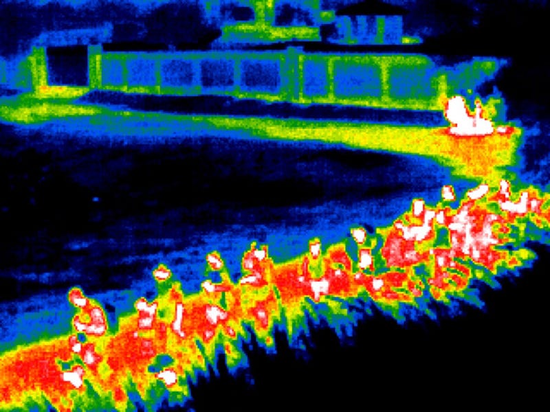 Thermographic cameras capture asylum seekers walking toward a Border Patrol checkpoint.