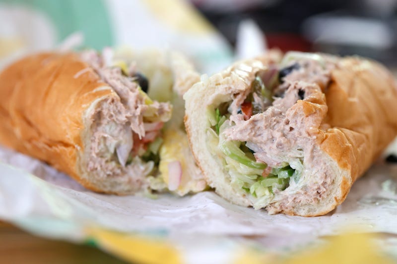 SAN ANSELMO, CALIFORNIA - JUNE 22: A tuna sandwich from Subway is displayed on June 22, 2021 in San Anselmo, California. A recent lab analysis of tuna used in Subway sandwiches commissioned by the New York Times did not reveal any tuna DNA in samples taken from Subway tuna sandwiches. The lab was unable to pinpoint a species in the tuna samples from three Los Angeles area Subway sandwich shops. 